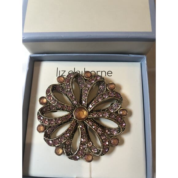Vintage Signed Liz Claiborne Shades of Pink & Amber Crystal Floral Brooch in box - Picture 1 of 5